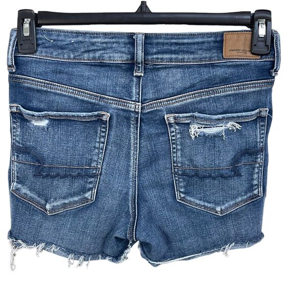 American Eagle SZ 6 Hi-Rise Shortie Jean Shorts Distressed Stretch Frayed Hems - Picture 2 of 8